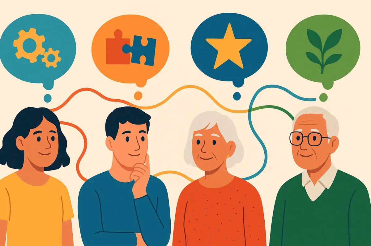 collage of diverse people with thought bubbles of ideas and concepts