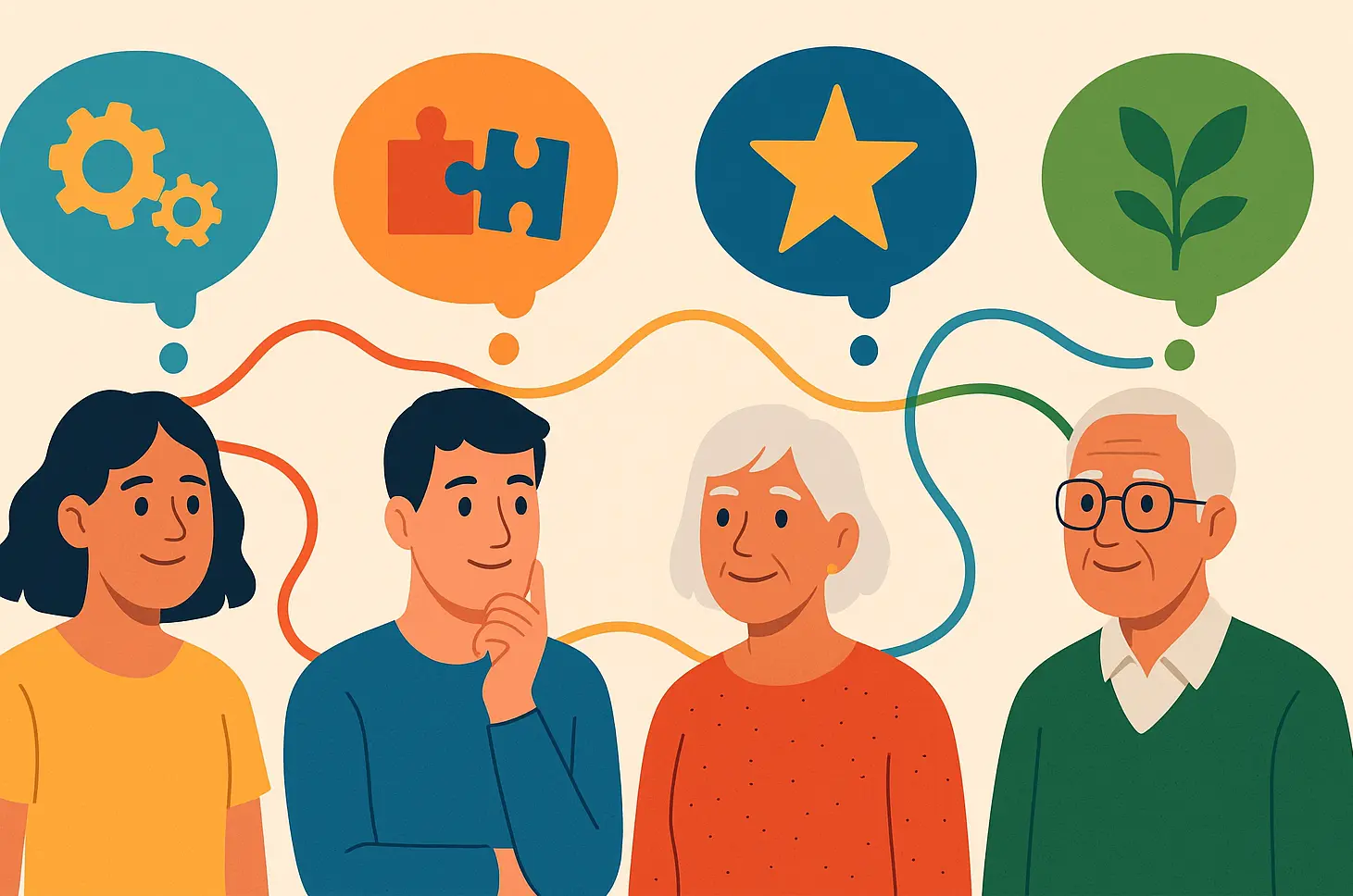 collage of diverse people with thought bubbles of ideas and concepts