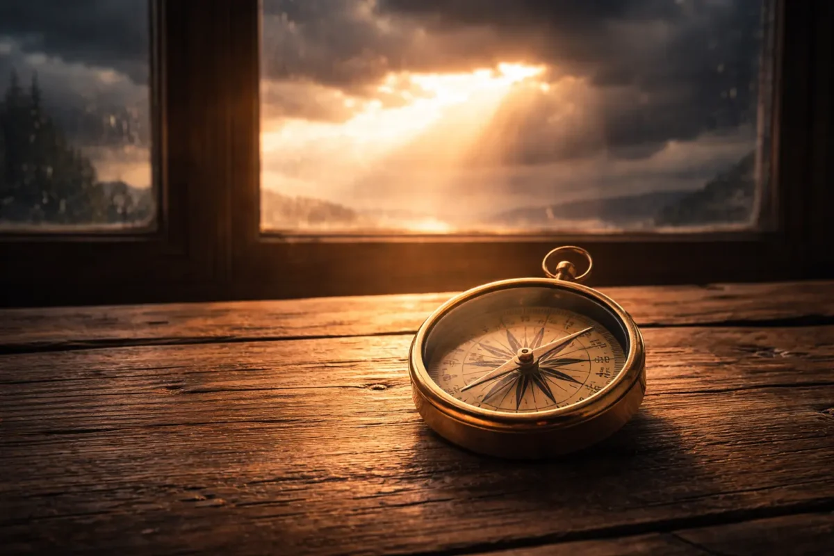 compass sitting on a weathered wooden windowsill