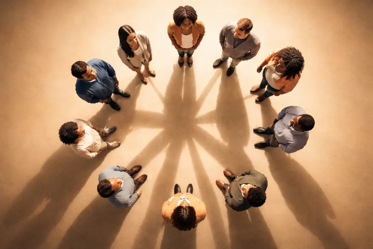 group of people in a circle looking inwards