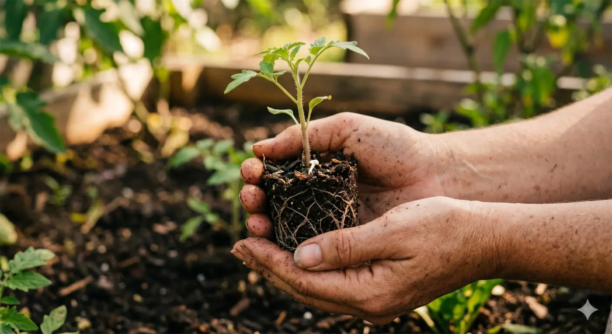 hands holding small plant with root ball