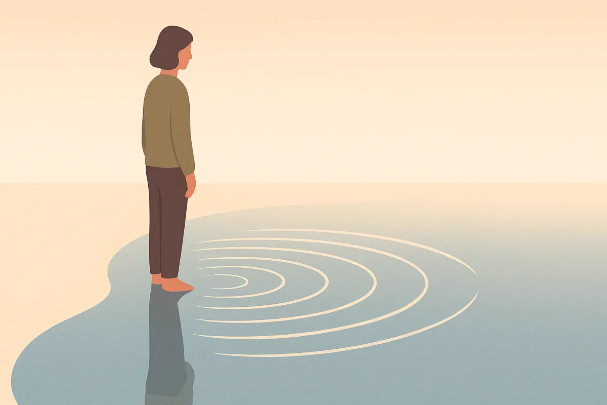 minimalist digital illustration of woman on water with ripples and reflection