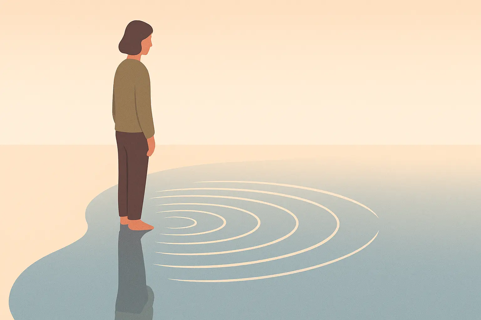 minimalist digital illustration of woman on water with ripples and reflection
