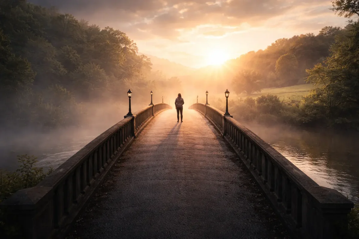 misty bridge bathed in sunset with person standing in the middle