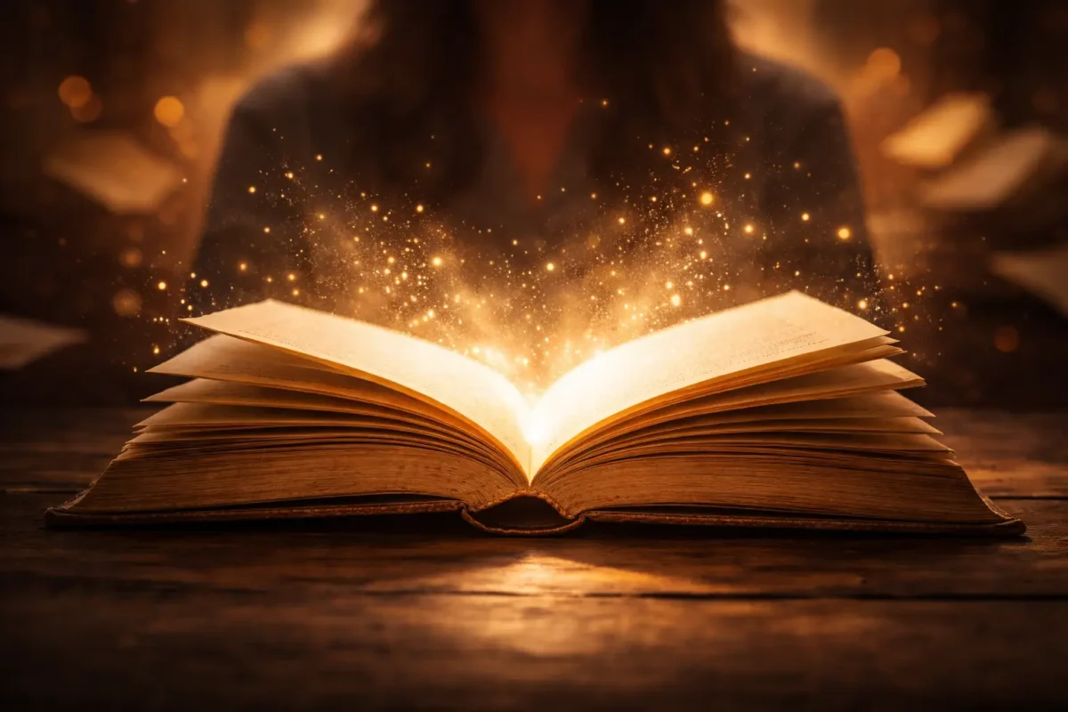 open book on table with glowing sparkles in front of reader
