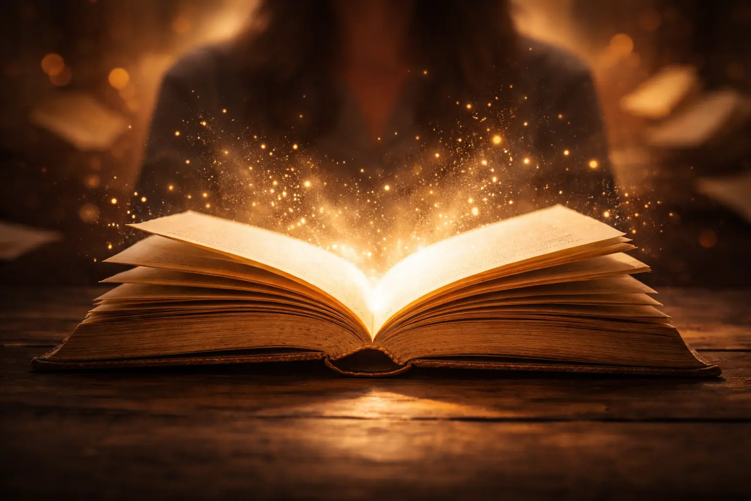 open book on table with glowing sparkles in front of reader