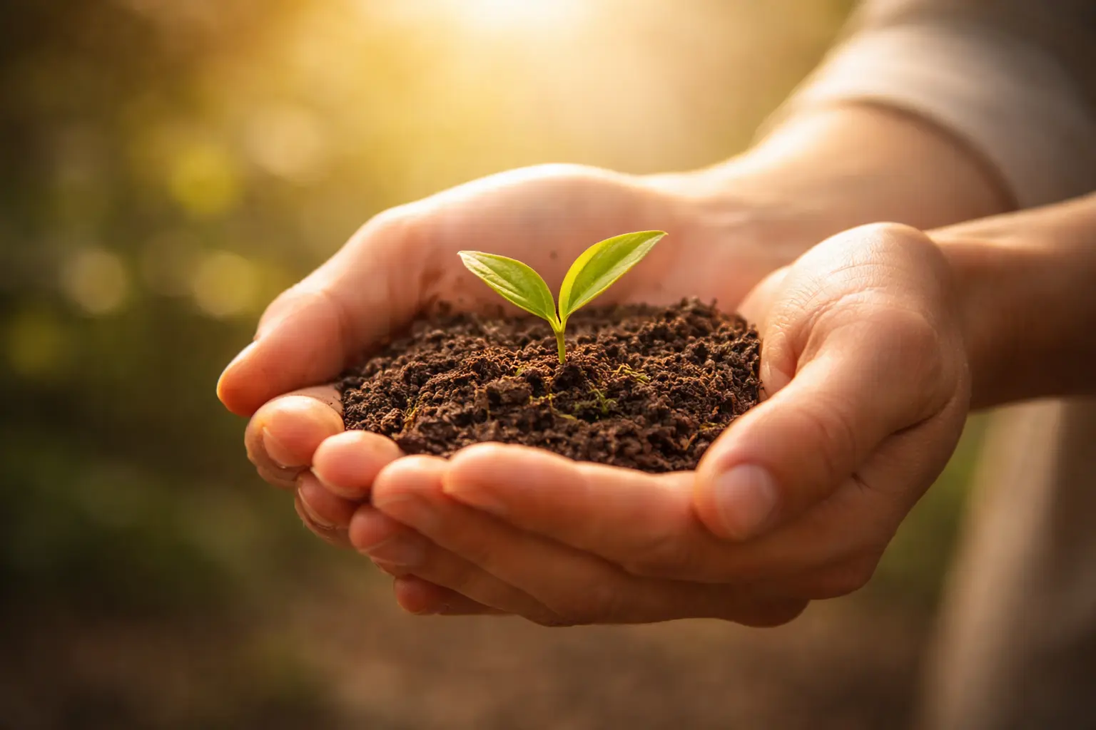 open hands holding small pile of soil with tiny plant