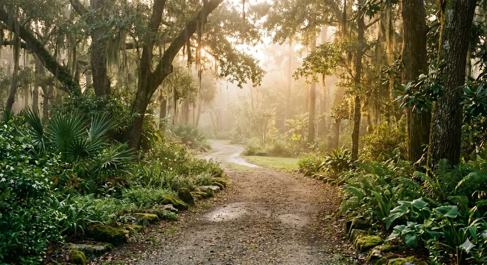 path in lush forest with sunlight beaming through trees