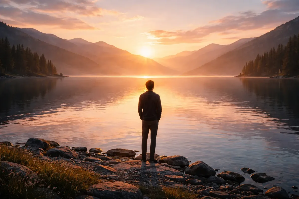 person overlooking lake with reflections of sunlight