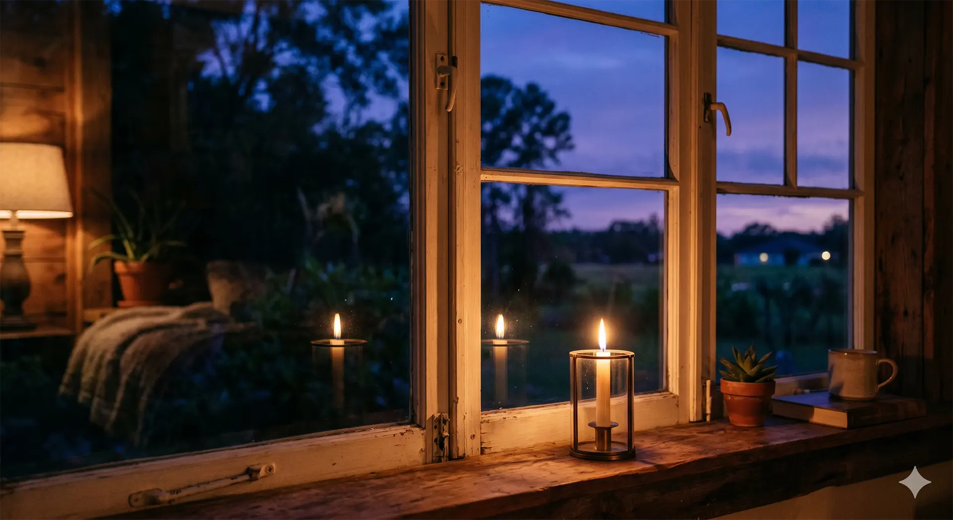 single candle in window with warm glow