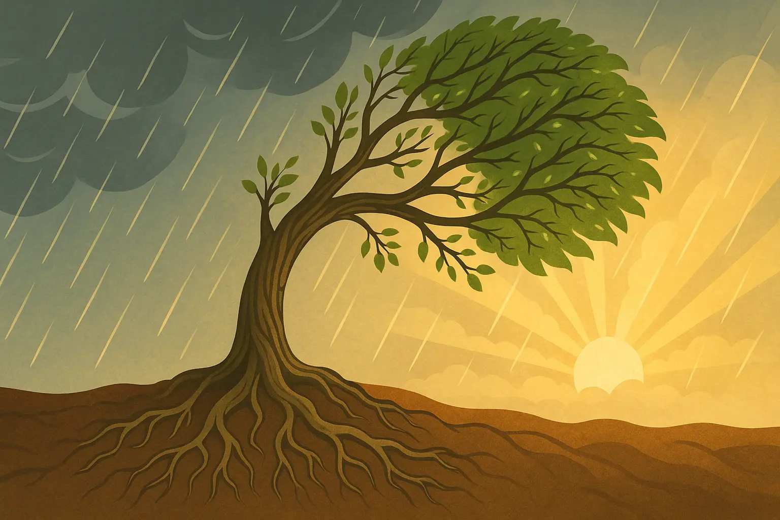 strong tree with new growth in wind and rain with sunrise backdrop