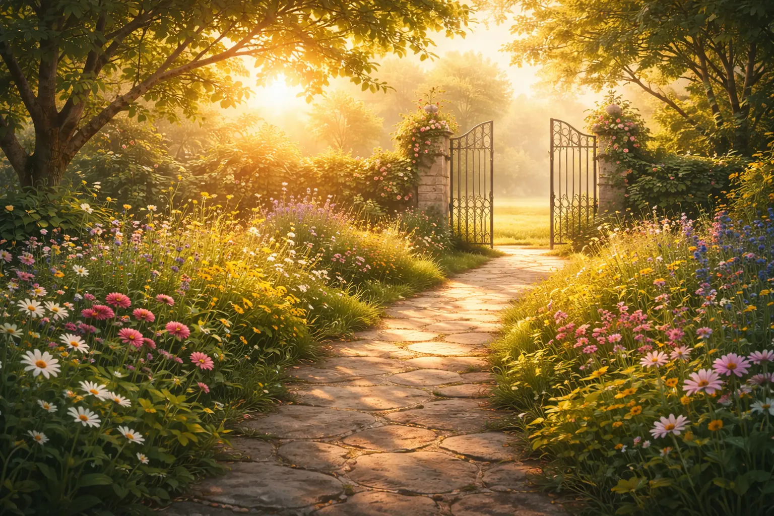 sunlit path with flowers and gate